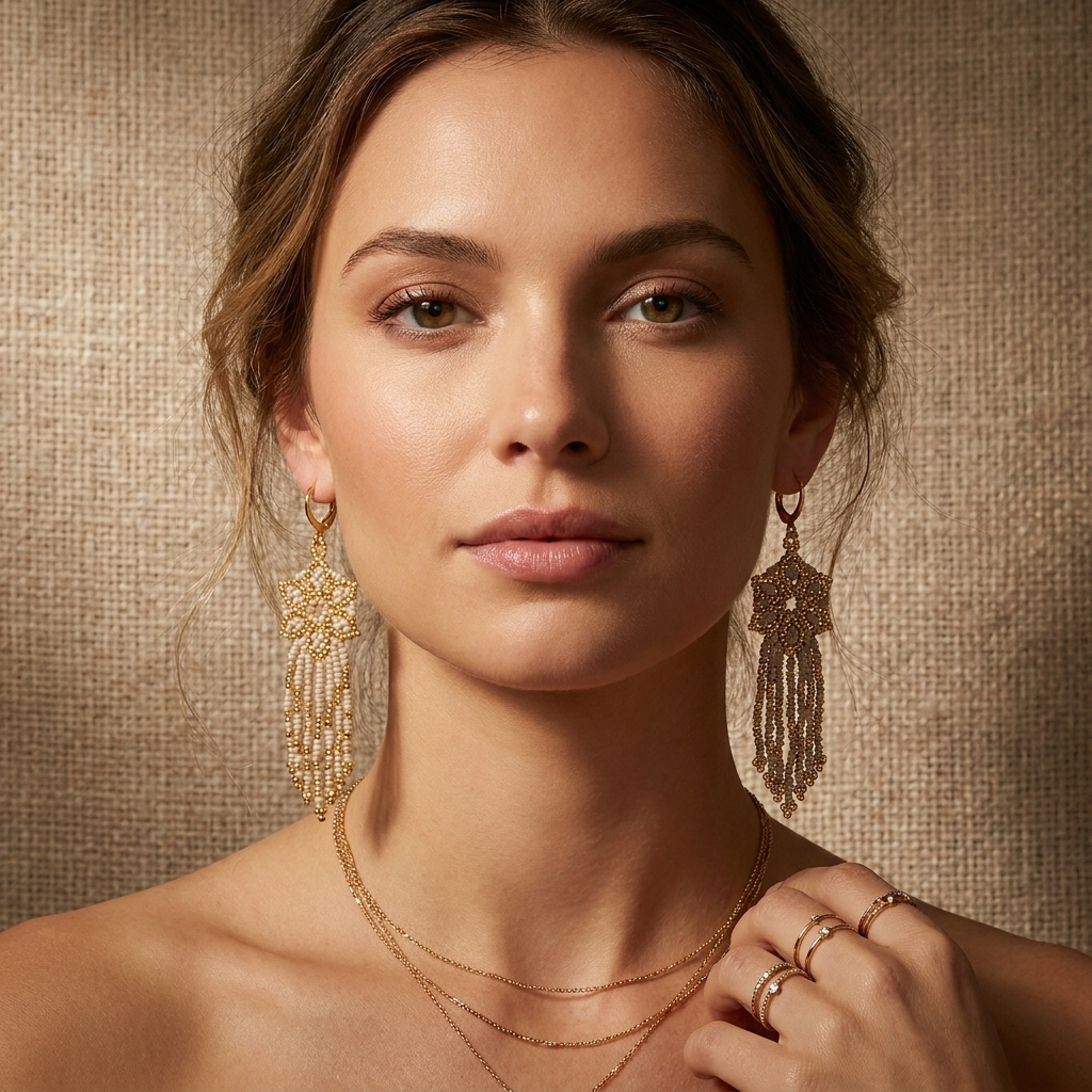 Korálkové Náušnice Elara Beige Gold