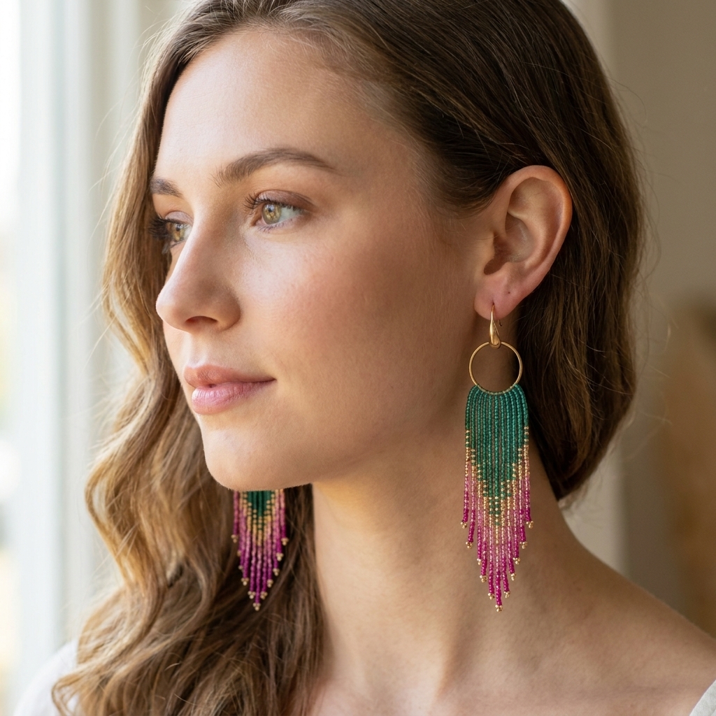 Miyuki Náušnice Fringe Luxe Hoops green pink gold