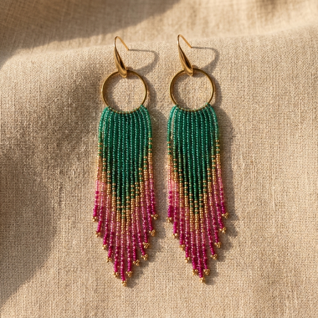 Miyuki Náušnice Fringe Luxe Hoops green pink gold